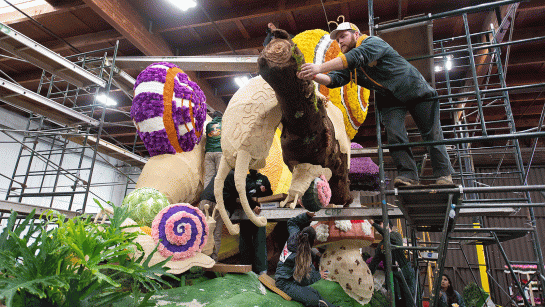 Student working on rose float