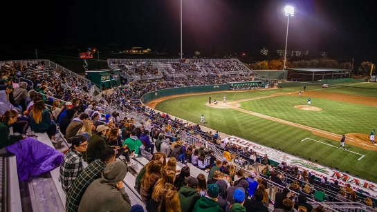 Nighttime view of Cal Poly Baseball game at Baggett Stadium