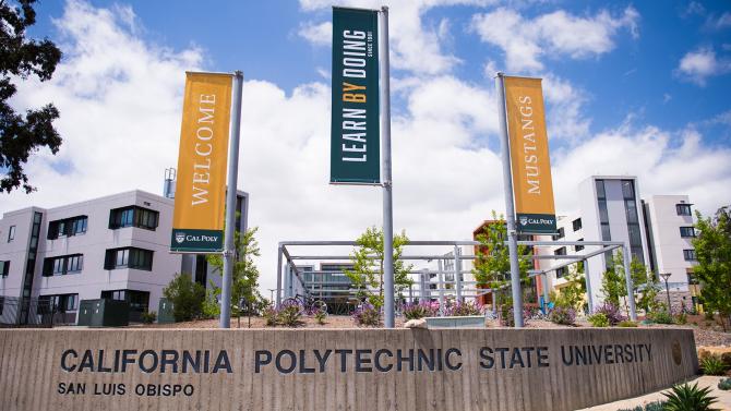 Banners above the Grand Avenue entrance to Cal Poly